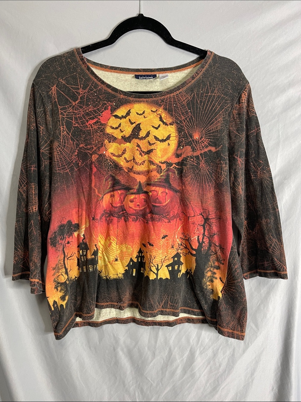 Basic Editions Halloween Graphic Long Sleeve Top - Orange Black